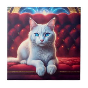 Beautiful Blue Eyed Albino Cat On Exotic Red Sofa Ceramic Tile