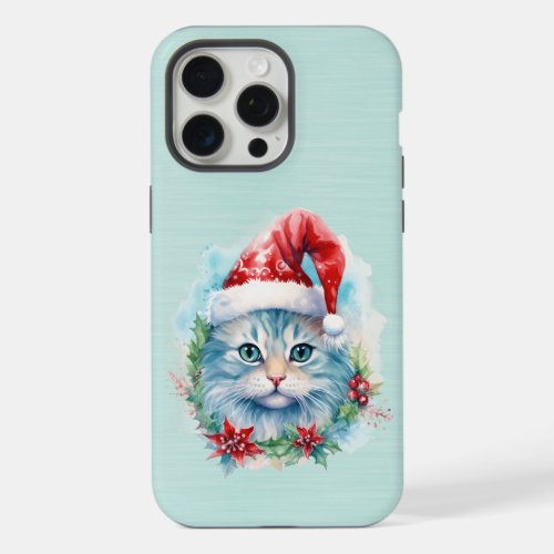 Beautiful Blue Eyed Cat Wearing Santa Hat iPhone 15 Pro Max Case