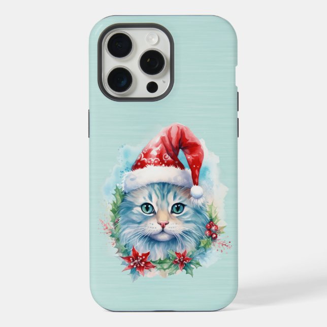 Beautiful Blue Eyed Cat Wearing Santa Hat iPhone Case (Back)