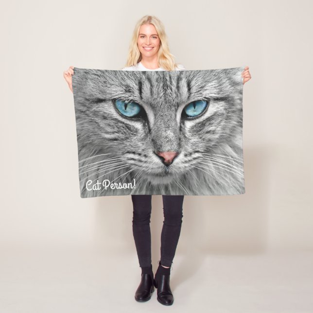 Beautiful Blue Eyed Gray and White Cat Fleece Blanket (In Situ)