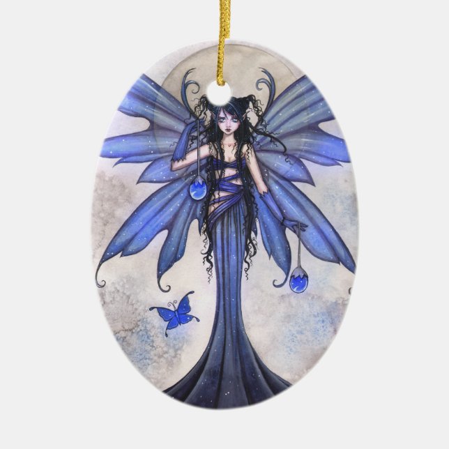 Beautiful Blue Fairy and Butterfly Fantasy Art Ceramic Ornament (Front)