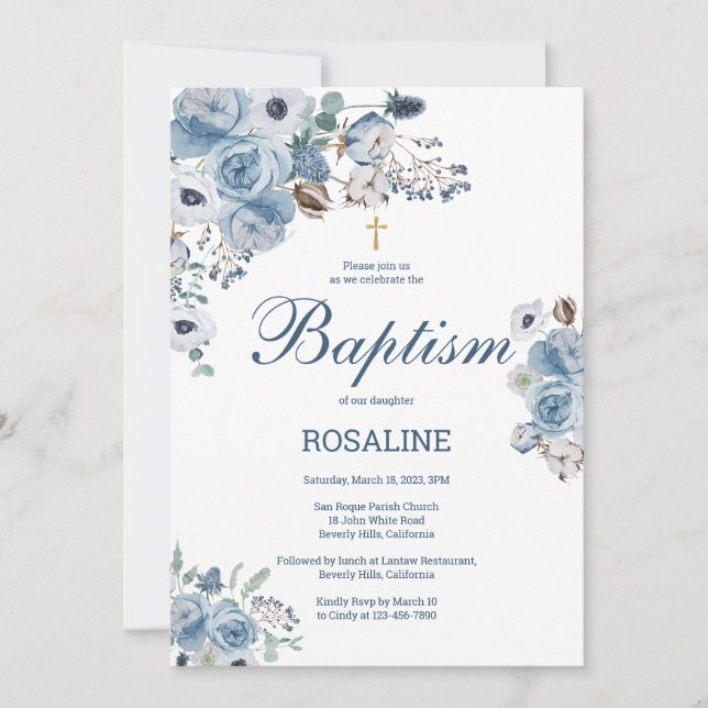 Beautiful Blue Floral Baptism Invitation (Front)