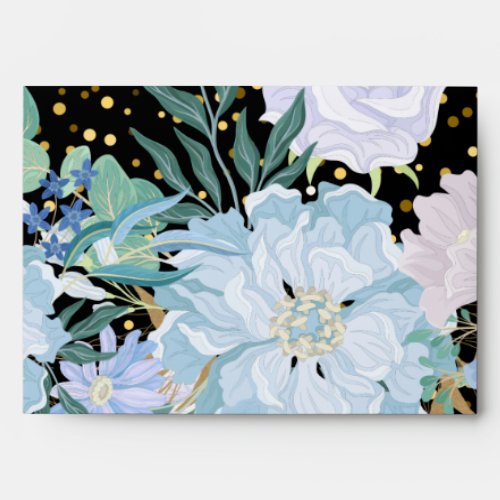 Beautiful Blue Floral Black Gold Envelope