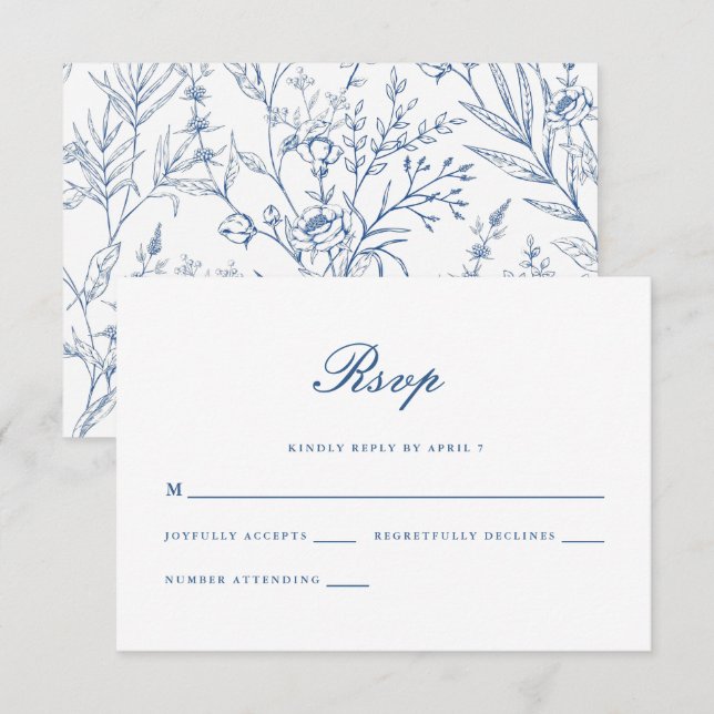 Beautiful Blue Floral Classic Wedding Rsvp (Front/Back)