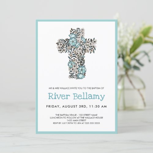 Beautiful Blue Floral Cross Baptism Invitation