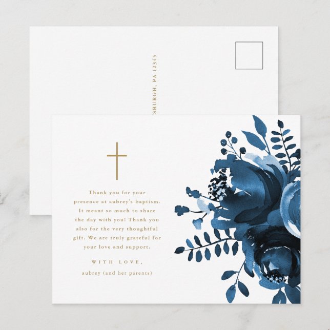 Beautiful Blue Floral Cross Baptism Thank You Postcard (Front/Back)