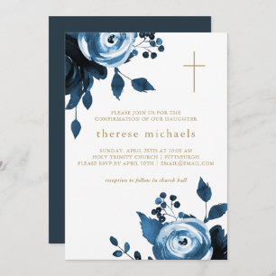 Beautiful Blue Floral Cross Confirmation Invitation