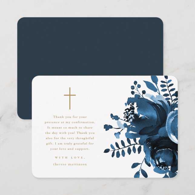 Beautiful Blue Floral Cross Confirmation Thank You Card (Front/Back)