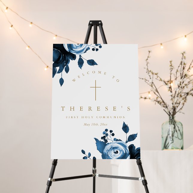 Beautiful Blue Floral Cross First Holy Communion Foam Board (In Situ (Stand))