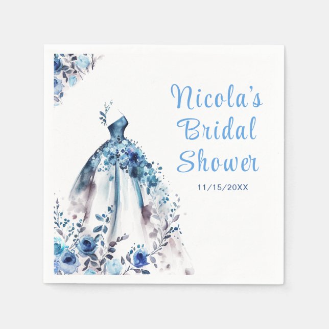 Beautiful Blue Floral Dress Bridal Shower Napkins (Front)