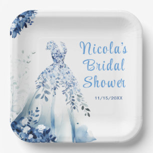 Beautiful Blue Floral Dress Bridal Shower Paper Plates