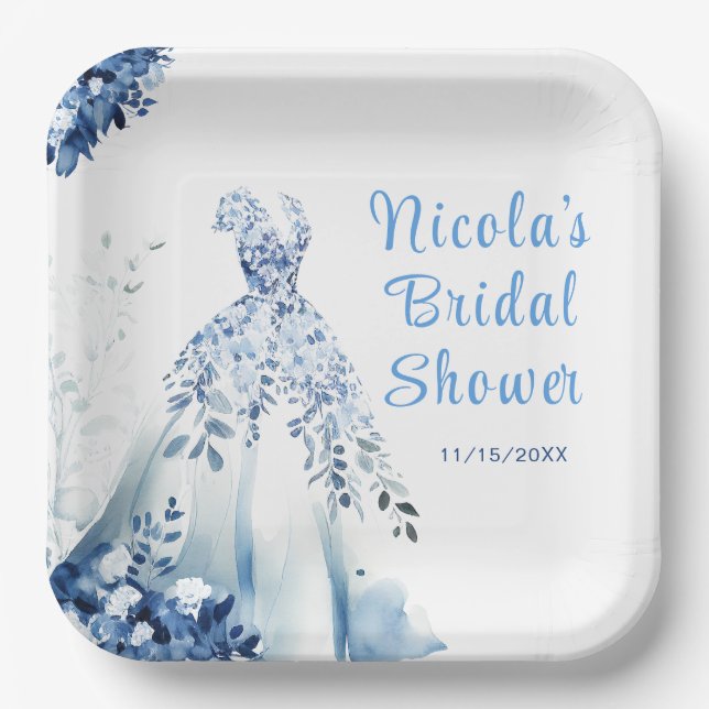 Beautiful Blue Floral Dress Bridal Shower Paper Plates (Front)