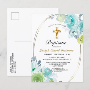 Beautiful Blue Floral Gold Cross Baby Baptism Invitation Postcard