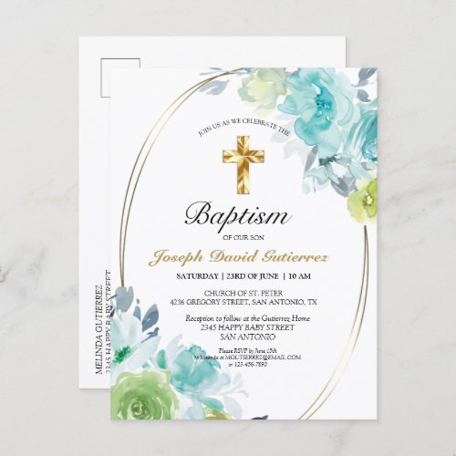 Beautiful Blue Floral Gold Cross Baby Baptism Invitation Postcard