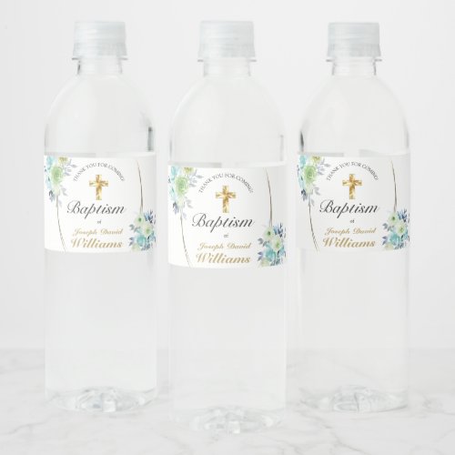 Beautiful Blue Floral Gold Cross Baby Baptism   Water Bottle Label