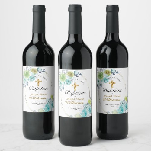 Beautiful Blue Floral Gold Cross Baby Baptism Wine Label