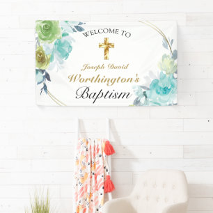 Beautiful Blue Floral Gold Cross Baptism Welcome Banner