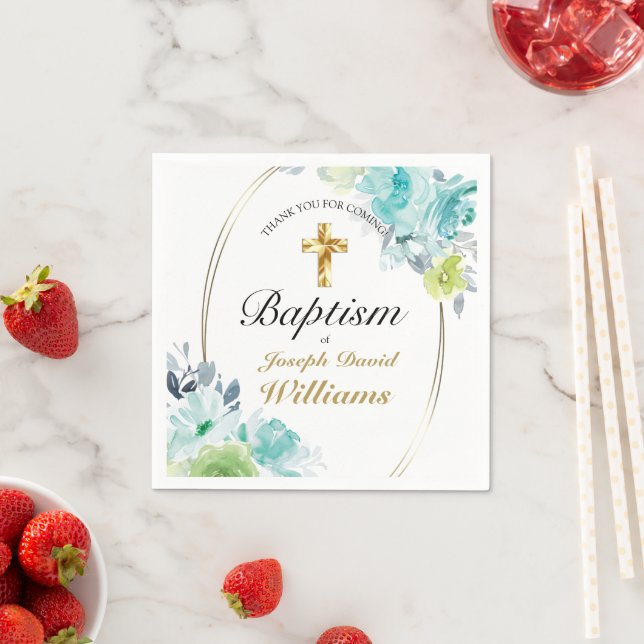 Beautiful Blue Floral Golden Cross Baby Baptism Napkins (Insitu)