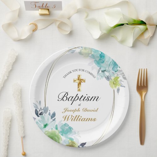 Beautiful Blue Floral Golden Cross Baby Baptism  Paper Plates