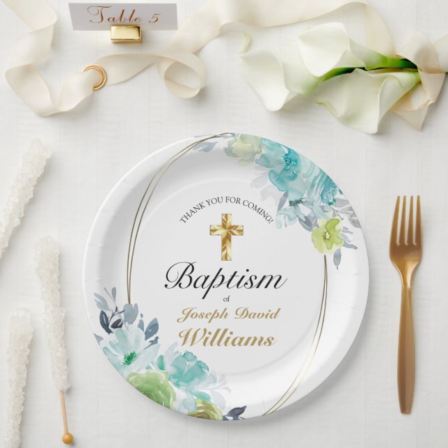 Beautiful Blue Floral Golden Cross Baby Baptism  Paper Plates (Wedding)