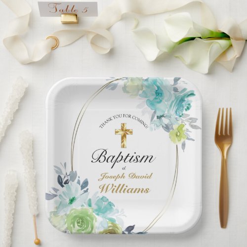 Beautiful Blue Floral Golden Cross Baby Baptism  Paper Plates