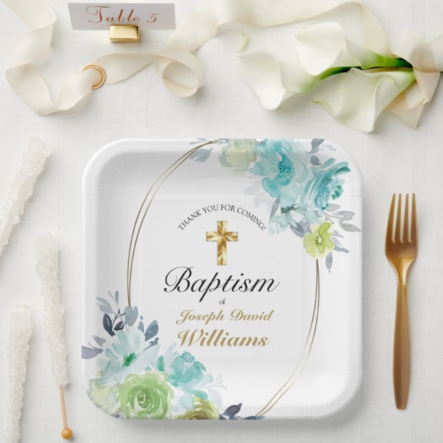 Beautiful Blue Floral Golden Cross Baby Baptism  Paper Plates (Wedding)