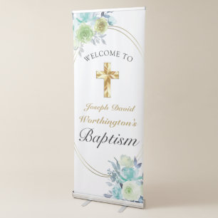 Beautiful Blue Floral Golden Cross Baby Baptism Retractable Banner