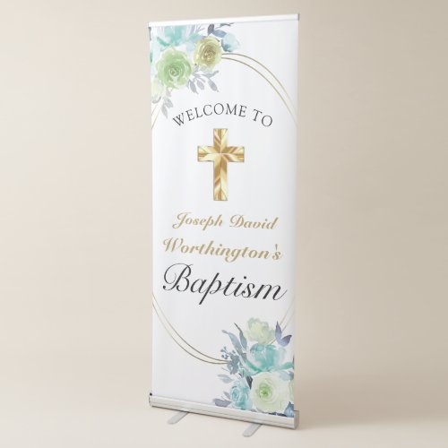 Beautiful Blue Floral Golden Cross Baby Baptism  Retractable Banner