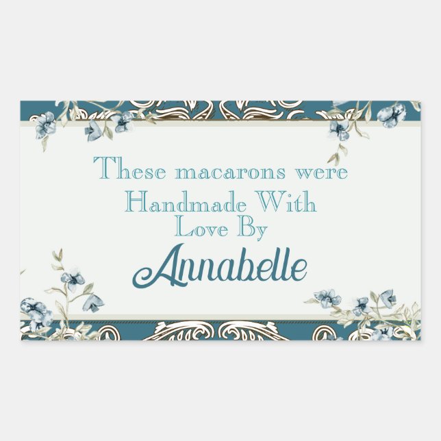 Beautiful Blue Floral Handmade Macaron Cookie Rectangular Sticker (Front)
