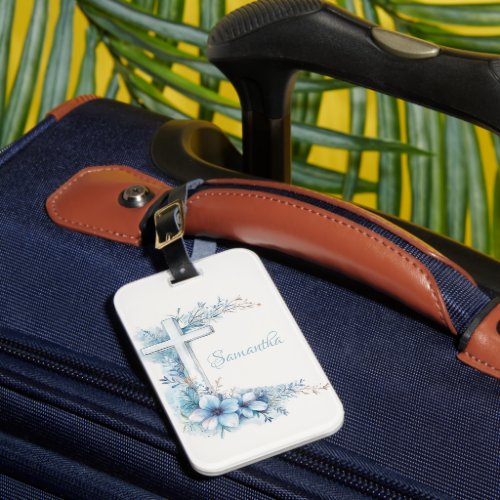 Beautiful Blue Floral Holy Cross Elegant Luggage Tag