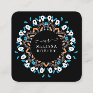 Beautiful Blue Floral Mandala Marble Monogrammed Square Business Card