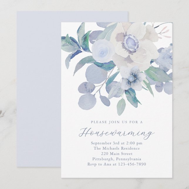 Beautiful Blue Floral New Home Housewarming Party Announcement (Front/Back)