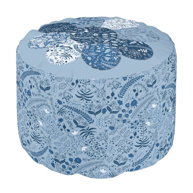 Beautiful Blue Floral Pattern Quilted Look Pouf (Angled Front)