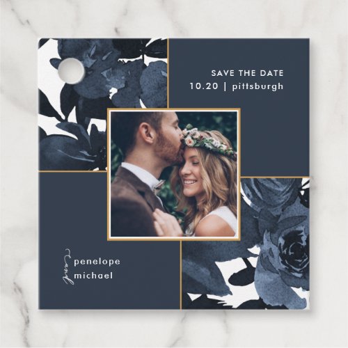 Beautiful Blue Floral Photo Save the Date Favor Tags