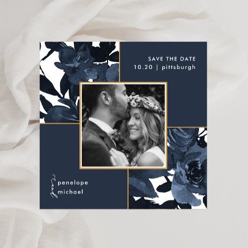 Beautiful Blue Floral Photo Wedding Save The Date