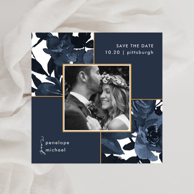 Beautiful Blue Floral Photo Wedding Save The Date (Creator Uploaded)