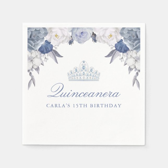 Beautiful Blue Floral Quinceanera Napkins (Front)
