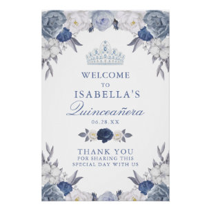 Beautiful Blue Floral Quinceanera Welcome Sign