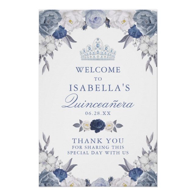 Beautiful Blue Floral Quinceanera Welcome Sign (Front)