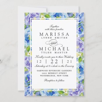 Beautiful Blue Floral Stylish Wedding Invitation by girlygirlgraphics at Zazzle