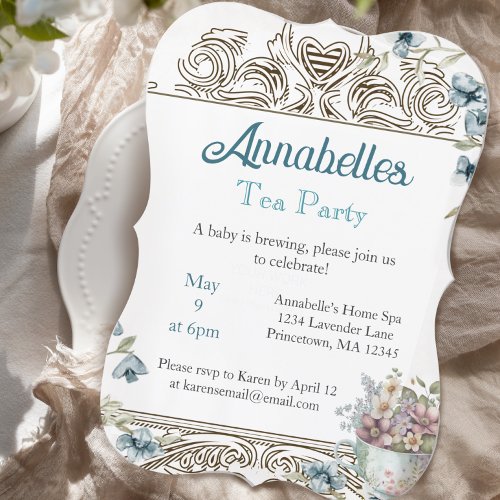 Beautiful Blue Floral Tea Party Baby Shower Invitation