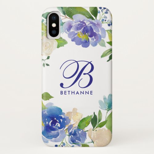 Beautiful Blue Floral Watercolor Stylish Monogram iPhone XS Case