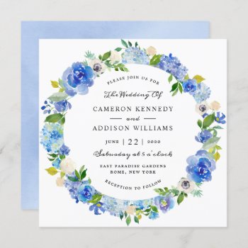 Beautiful Blue Floral Watercolor Wedding Invitation by girlygirlgraphics at Zazzle