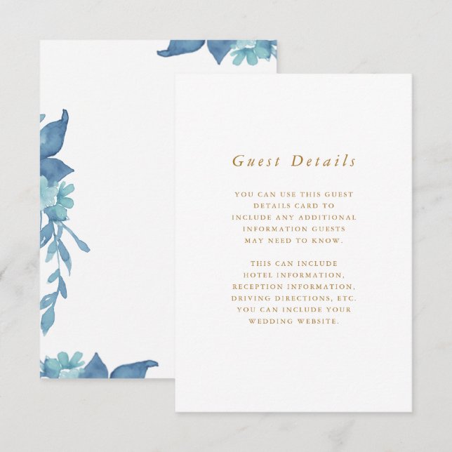 Beautiful Blue Floral Wedding Guest Detail Enclosure Card (Front/Back)