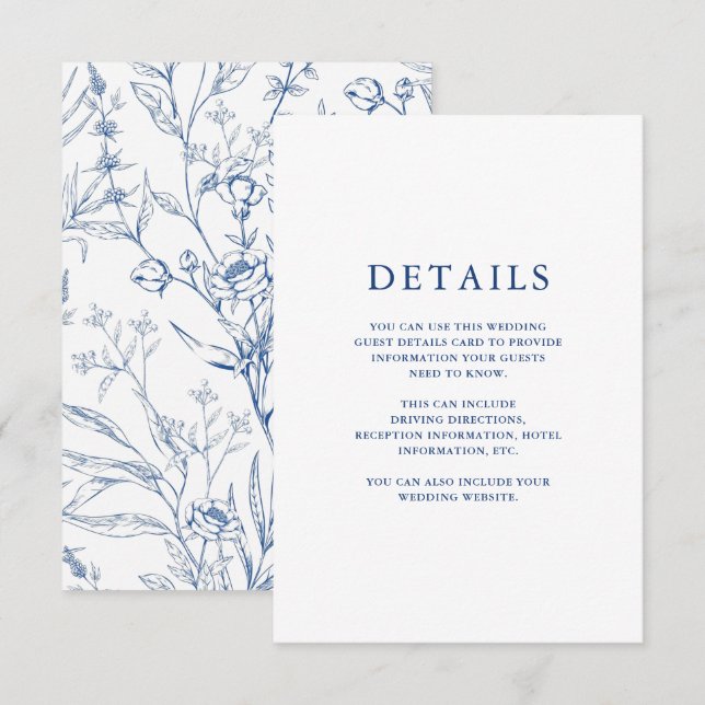 Beautiful Blue Floral Wedding Guest Details Enclosure Card (Front/Back)