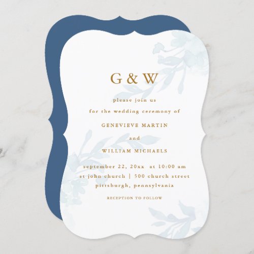 Beautiful Blue Floral with Gold Color Monograms Invitation