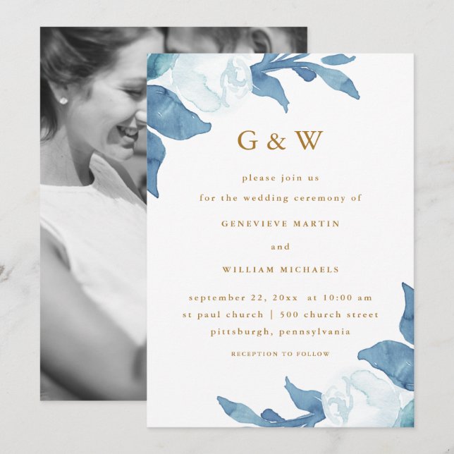 Beautiful Blue Floral with Monograms Photo Wedding Invitation (Front/Back)