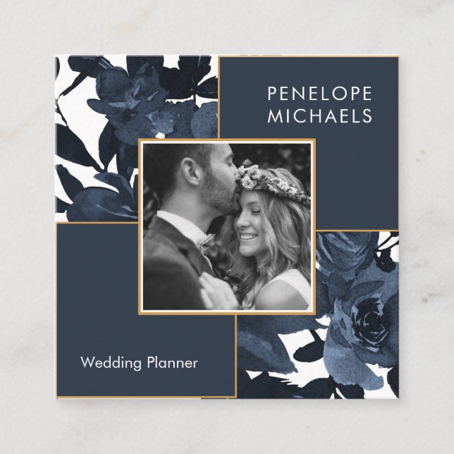 Beautiful Blue Floral with Photo Square Business Card (Front)