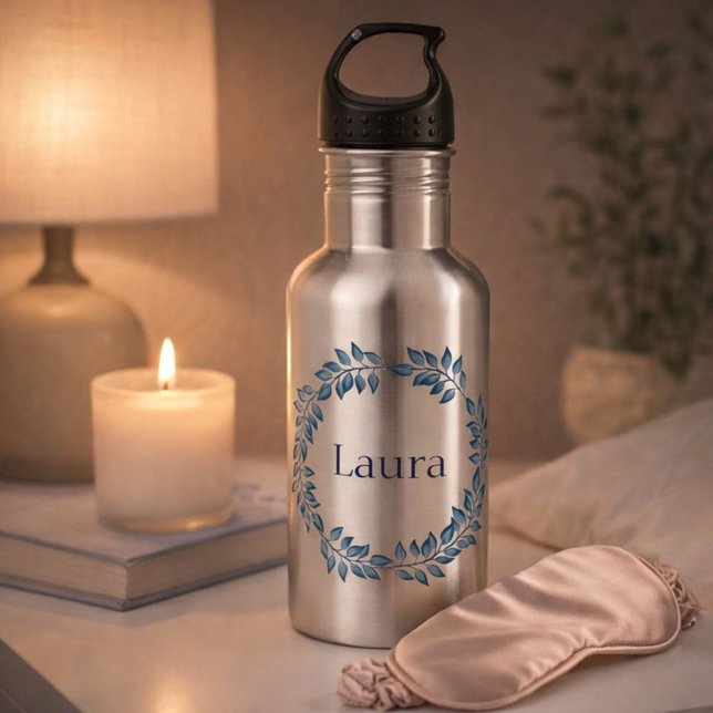 Beautiful Blue Floral Wreath Customize Water Bottle (Creator Uploaded)