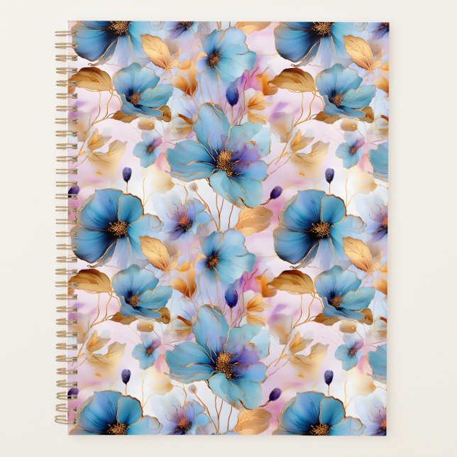 Beautiful Blue Flowers Alcohol Ink in Soft Pastels Planner (Front)